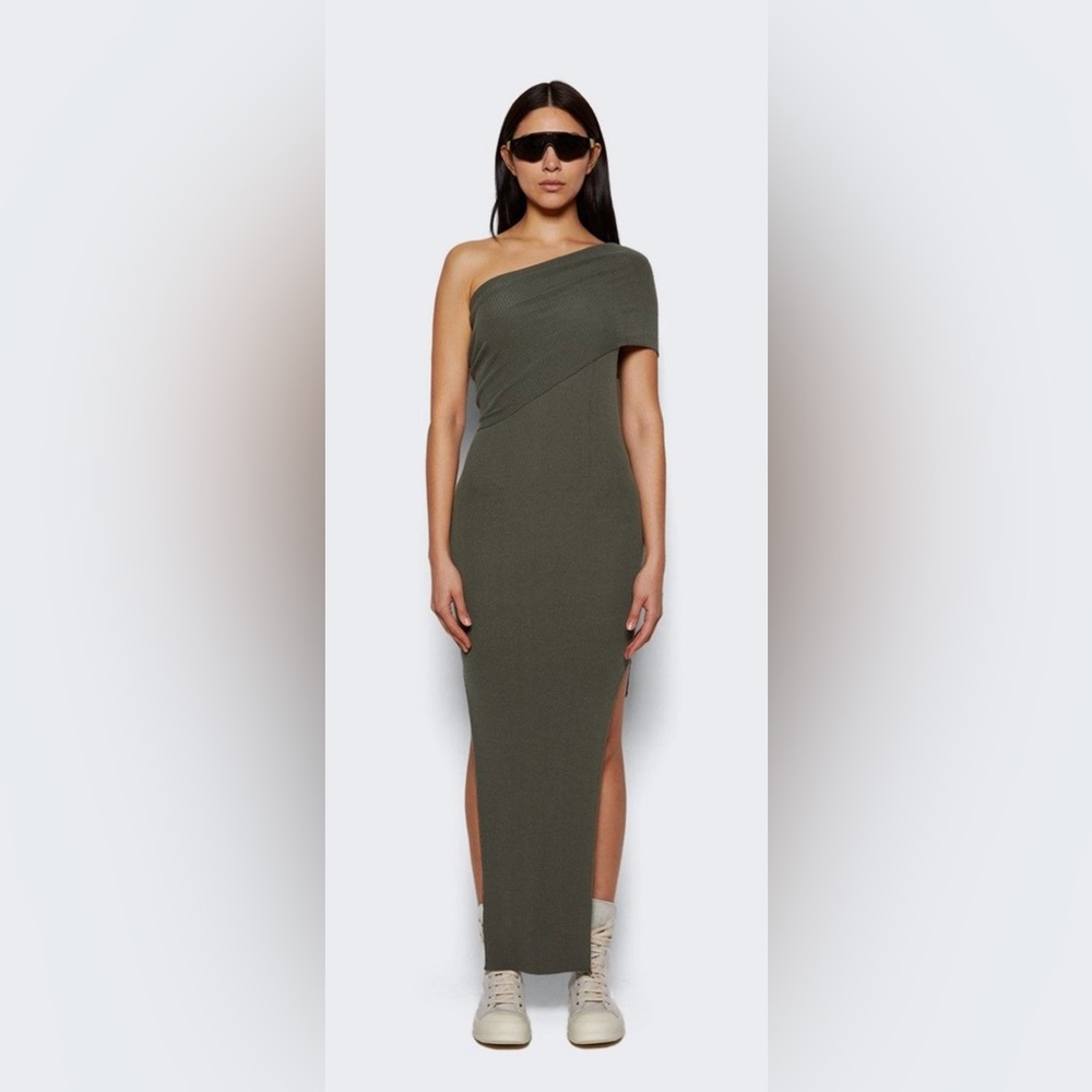 Rick Owens One-Shoulder Ribbed Wool Dress in Olive